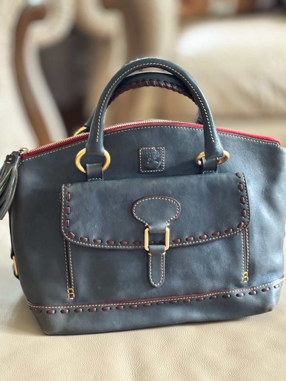 Dooney & Bourke Florentine Medium Front Pocket Satchel Navy/Bordeaux Leather Bag